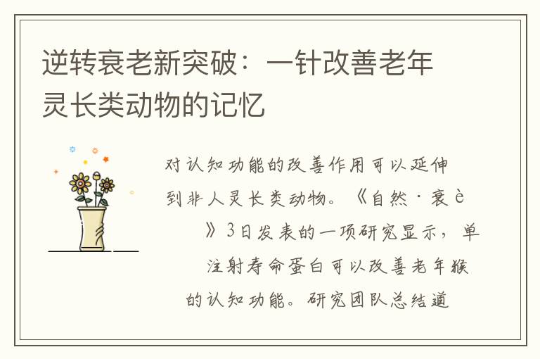 逆转衰老新突破：一针改善老年灵长类动物的记忆
